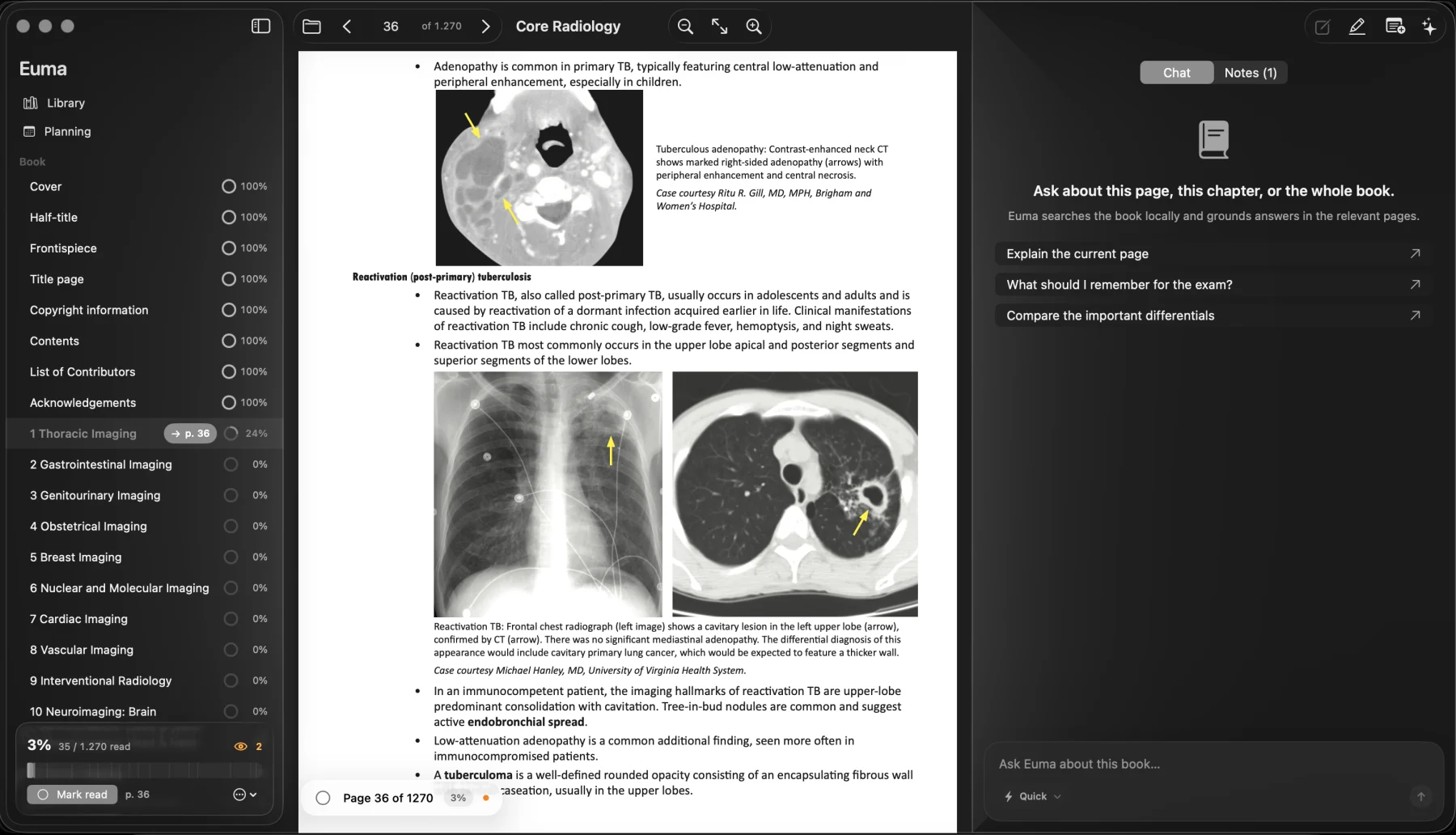 Euma reader interface with a textbook and grounded study chat